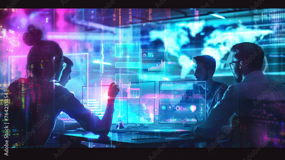 A team of professionals intently analyze data on multiple transparent screens in a tech-heavy setting A team of professionals intently analyze data on multiple transparent screens in a tech-heavy setting