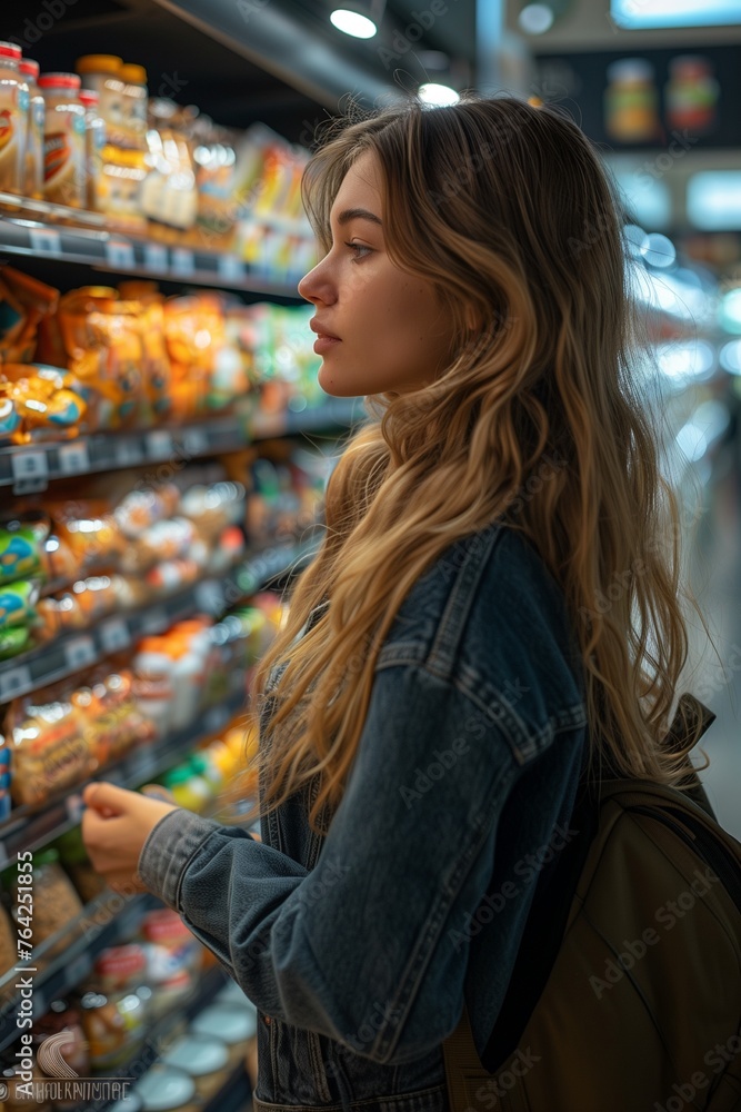 Observing a woman discerningly comparing various grocery products, navigating aisles with focused scrutiny and consideration