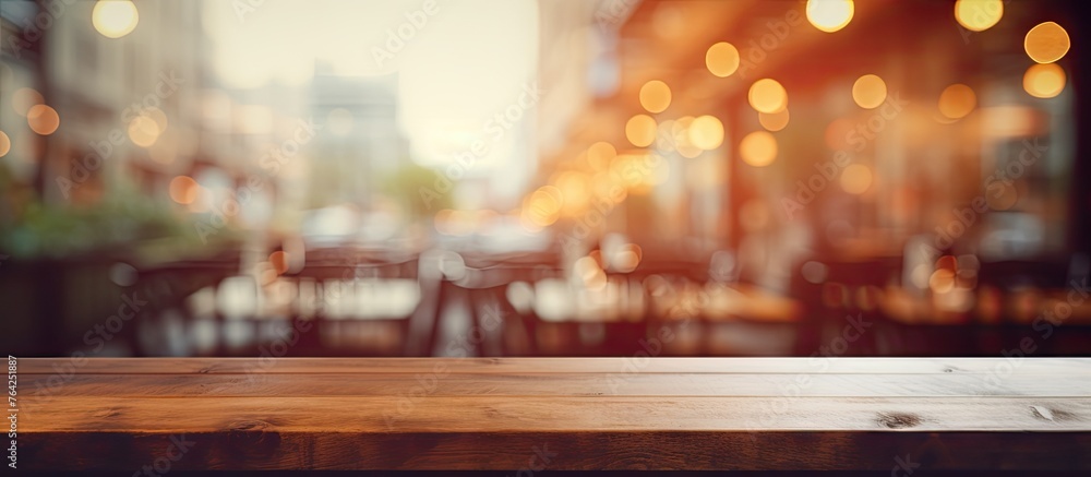 Wooden table with city background blur Wooden table with city background blur