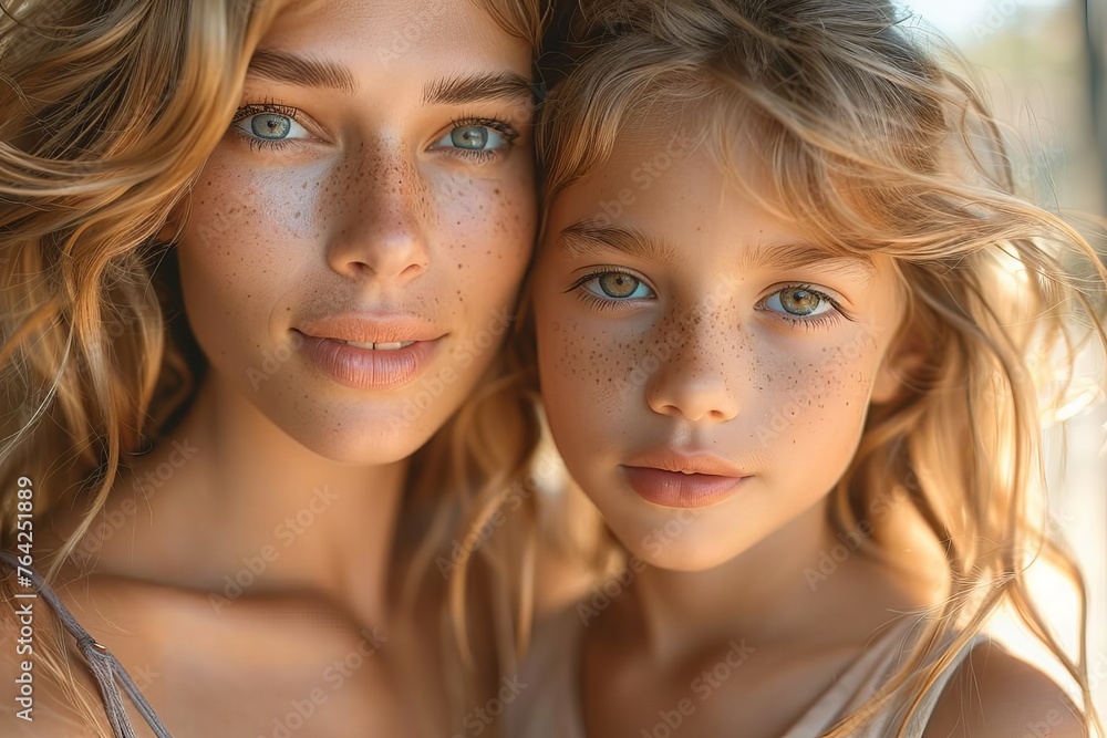Two girls, sisters, share a resemblance with striking eyes and freckles captured in natural light Two girls, sisters, share a resemblance with striking eyes and freckles captured in natural light