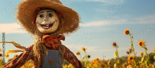 Scarecrow in straw hat and overalls among sunflowers photo