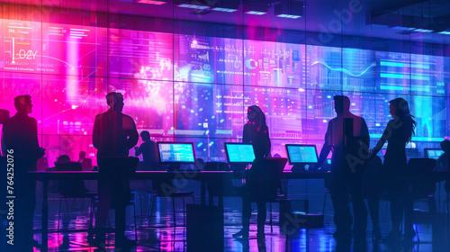 Group of people work in a digitally enhanced, data-focused workplace with vibrant neon graphic interfaces