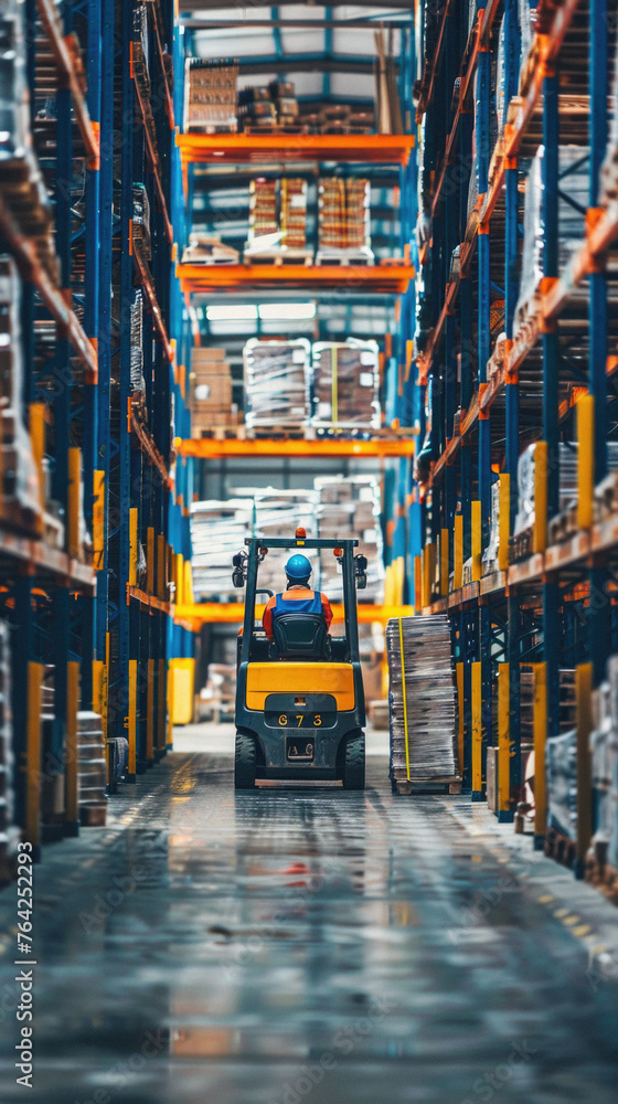 Fototapeta premium Male warehouse worker working in logistic commercial storage interior retail goods boxes supply. Man storehouse employee manager at work, distribution, industrial sorting and delivery.