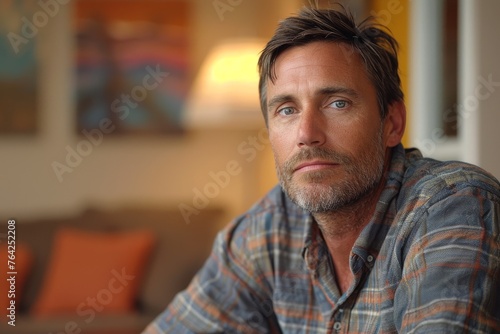 Middle-aged man with stubble lost in thought at his home