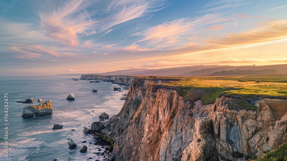 Coastal sunset with rock formations and dynamic sky. Seascape photography with natural arches and cliffs.