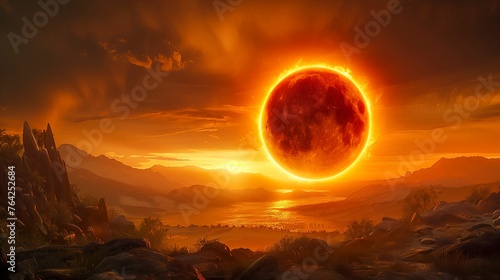 Apocalyptic Vision Of A Giant Red Sun Setting Behind A Silhouetted Landscape With A River In The Foreground