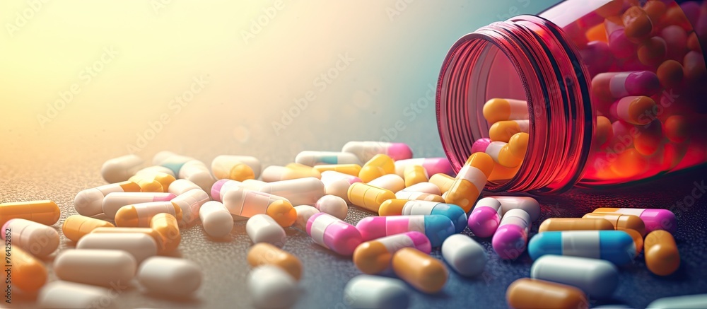 Bottle of pills with spilled capsules on table - obrazy, fototapety, plakaty 