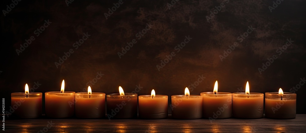 Burning candles in a line on wooden surface Burning candles in a line on wooden surface