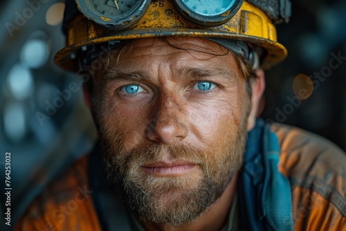 Serious blue-collar worker with piercing blue eyes and protective helmet posing on site