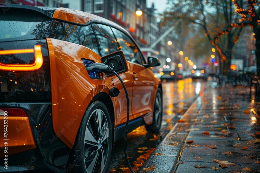 An electric car is being charged on a wet urban street with beautiful bokeh lights, depicting modern clean transportation
