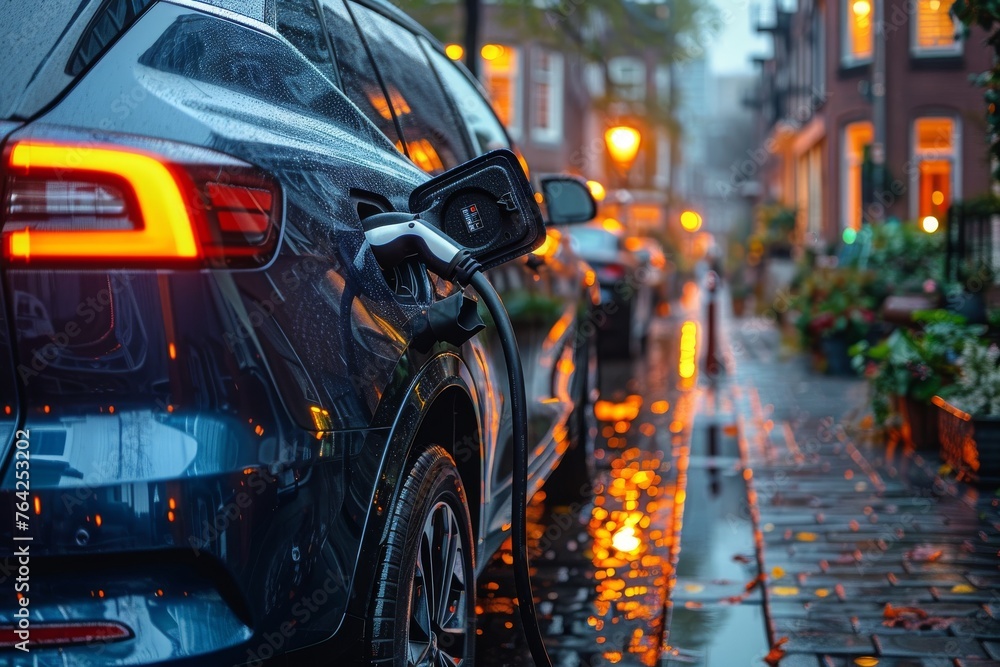 Luxury electric SUV being charged on a rain-soaked street illustrating eco-luxury lifestyle and green technology Luxury electric SUV being charged on a rain-soaked street illustrating eco-luxury lifestyle and green technology