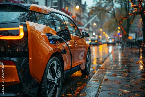 An electric car is being charged on a wet urban street with beautiful bokeh lights, depicting modern clean transportation
