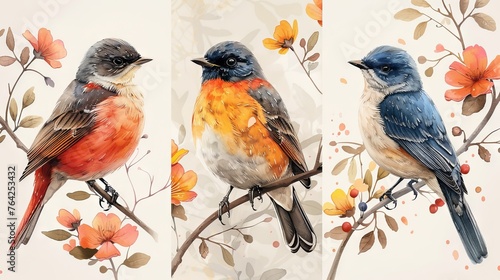 Clipart of watercolor birds on a branch with leaves and berries.