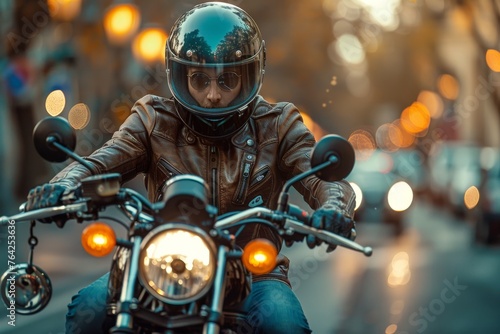 Motorcyclist in leather gear riding a classic motorcycle on an urban street surrounded by city lights