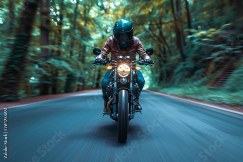 Dynamic image of a motorcyclist speeding through a hazy forest, with trees blurred by motion and lights on