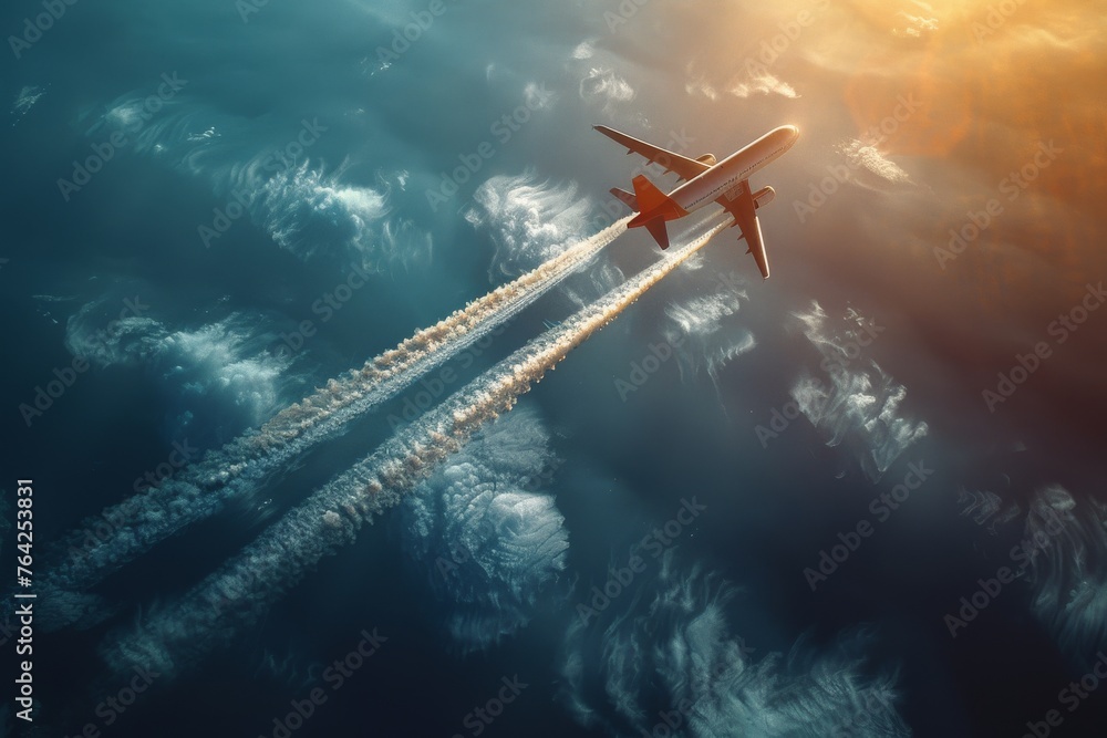An artistic shot of an airplane with contrails flying high above swirling cloud formations, symbolizing progress, innovation, and the vastness of travel possibilities An artistic shot of an airplane with contrails flying high above swirling cloud formations, symbolizing progress, innovation, and the vastness of travel possibilities