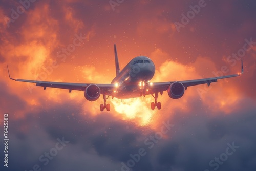 A dramatic and inspiring image of a commercial airline flying against a backdrop of a fiery sunset sky, evoking feelings of adventure and the romance of travel