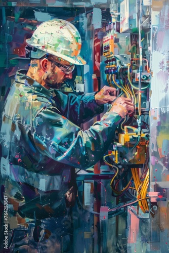 A painting depicting VetalVit, an electrician, working on upgrading an electrical panel. The man is focused on the machine, diligently enhancing its functionality © Vit
