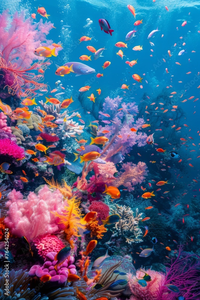 An intricate coral reef ecosystem with various fish species coexisting