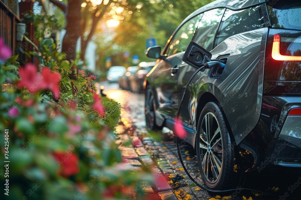 An electric vehicle charging on a city street, surrounded by vibrant nature and urban elements An electric vehicle charging on a city street, surrounded by vibrant nature and urban elements