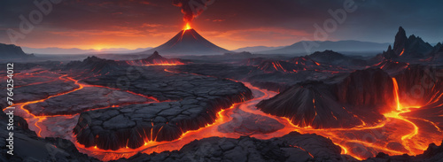 Volcano eruption landscape, molten lava flowing, river in fire, hot magma, rocky ground. Dark spooky fiery background