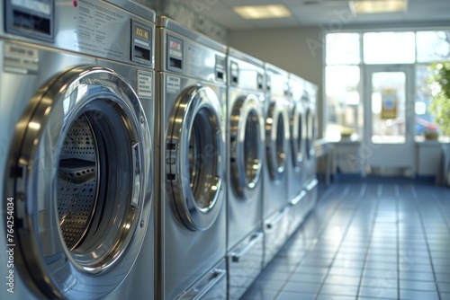 A neat line of heavy-duty washing machines, showcasing a clean and organized laundromat ready for business