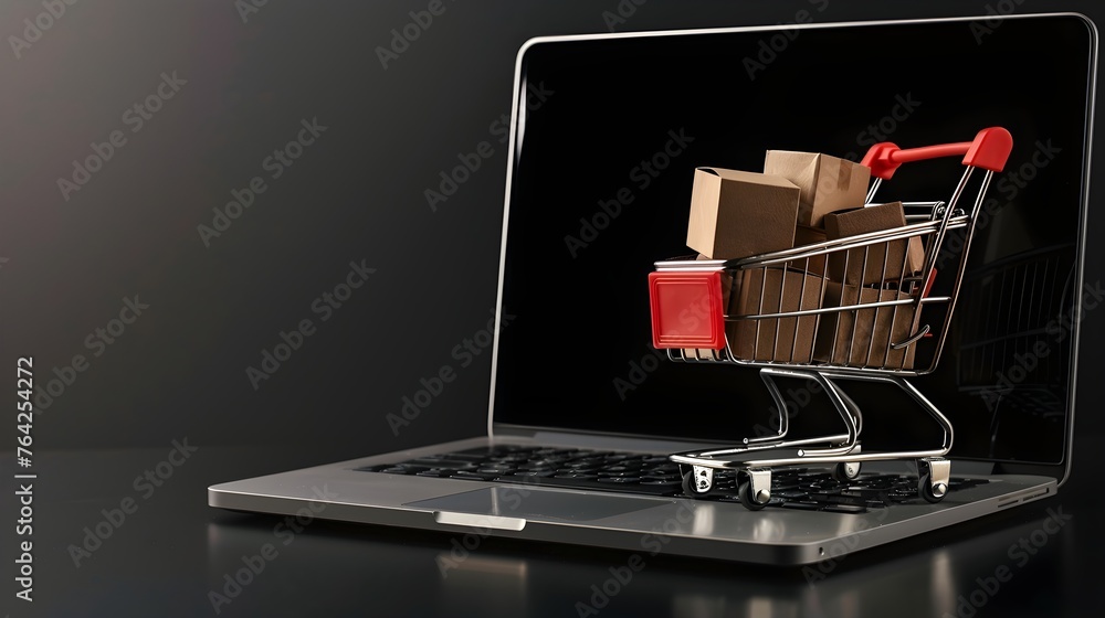 Cart Full of Boxes Online Shopping Concept on Laptop Computer