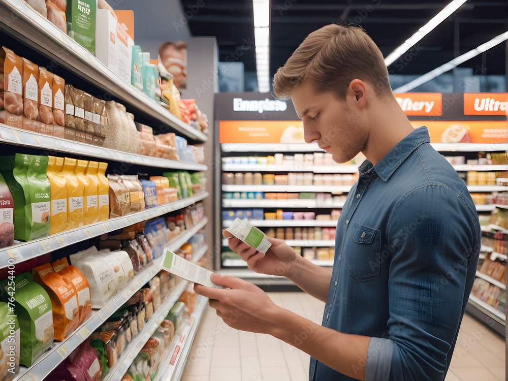 Healthy Choices: Young Man Reads Food Labels. generative AI