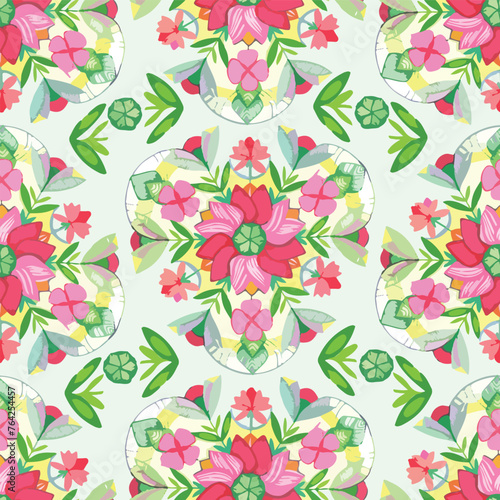 Vector, seamless pattern of floral colorful mandalas on mint green background. Folk style. For summer women dresses, dining, home decor, wrapping paper.