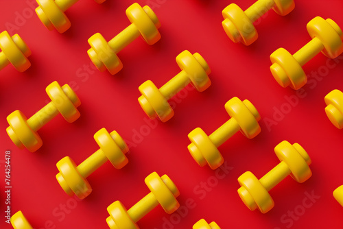 A lot of yellow dumbbells on a red background, minimalism 3d pattern 