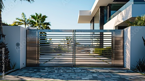An upscale modern gate entrance with sleek lines, minimalistic design, and high-quality materials like stainless steel and glass for a contemporary and luxurious look.