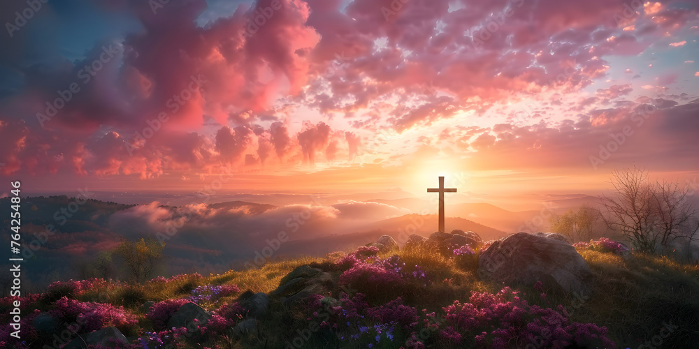 Fototapeta premium An Easter cross on a dawn background symbolizing the celebration of the resurrection of Jesus Christ.