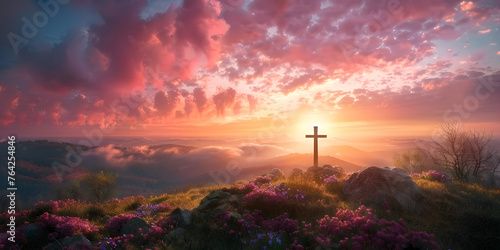 An Easter cross on a dawn background symbolizing the celebration of the resurrection of Jesus Christ. photo