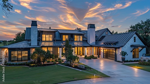 An upscale residence showcasing a mix of traditional and modern architectural elements like gabled roofs, sleek lines, and expansive outdoor living spaces. photo