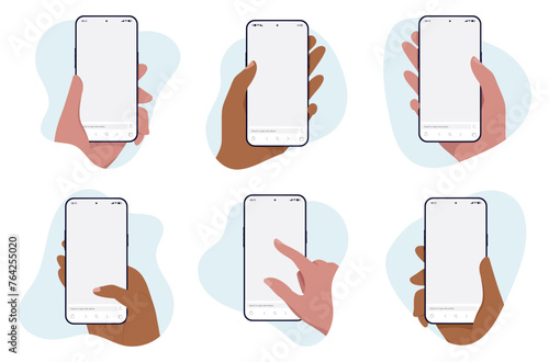 Hand holding phone vector mockups - Template illustration of mobile phones in diverse hands using smartphones with blank empty screen in flat design front view design graphic