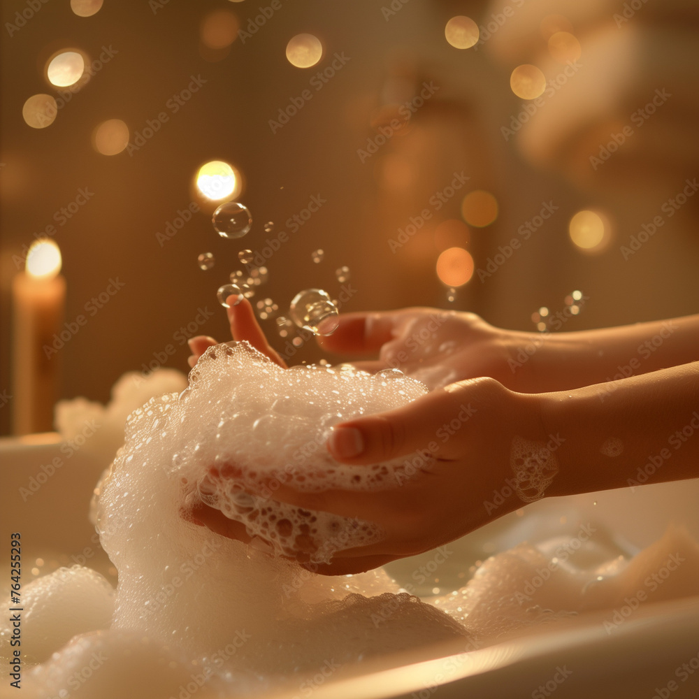 Fototapeta premium Serene Hands, Relaxing Bubble Bath, Candlelight Ambiance with Copy Space