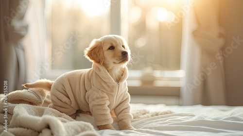 two month old beige golden retriever puppy sitting on the bed, wearing pajamas, emitting a smiley face on an adorable sunny morning. photo