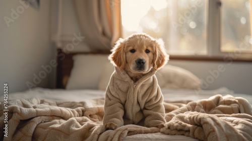 two month old beige golden retriever puppy sitting on the bed, wearing pajamas, emitting a smiley face on an adorable sunny morning. photo