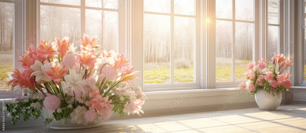 There are two vases of flowers sitting on a windowsill.