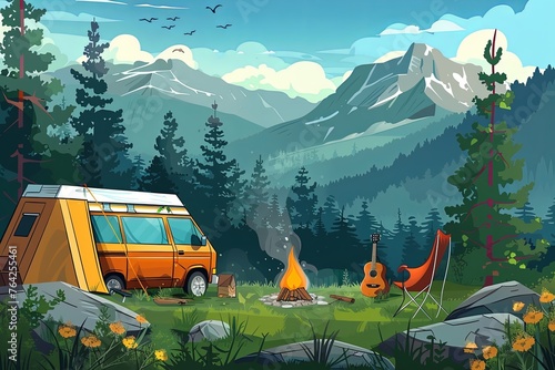 Summer camp with bonfire, tent and guitar. Vector landscape. generative ai