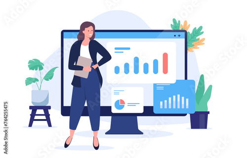 Businesswoman with chart - Professional woman standing in front of computer screen with diagram and graphs in office smiling. Business advisor and expert concept in flat design vector illustration © Knut