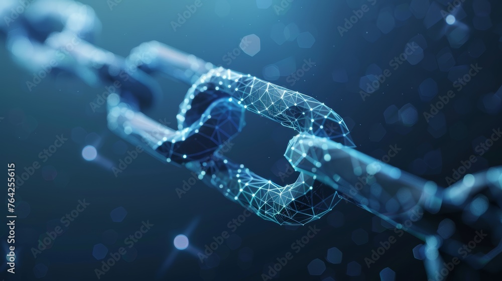 Futuristic chain links with a glowing Bitcoin sign on a dark blue background. Digital currency and secure transaction technology concept for website header. - obrazy, fototapety, plakaty 