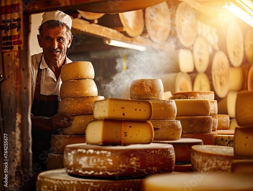 Italian cheese maker with his stacks of made