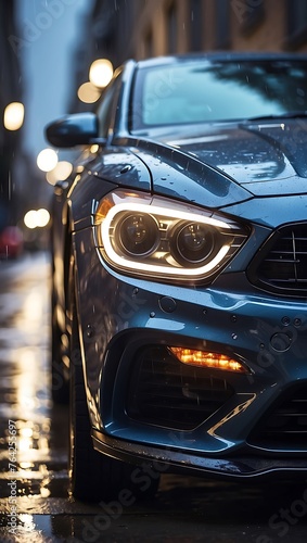 A car parked on a wet street.