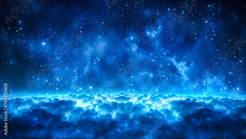 Starry night sky over blue nebula, cosmic galaxy background for astronomy