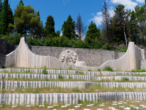 Partisan Memorial Cemetery in Mostar, Bosnia and Herzegovina. The project was finished in 1965, honoring Yugoslav Partisans who were killed during World War II in Mostar.