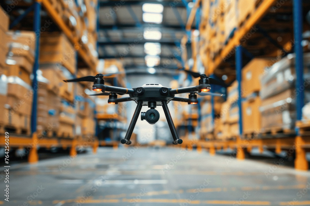 Drone flying inside the warehouse storage with boxes on shelves. Smart industry robots, automated logistics management concept. Innovative technology autonomous mechanical shipment background.