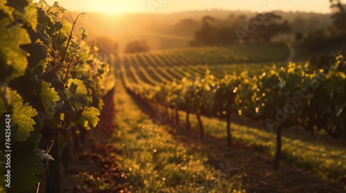 Golden sunlight over vineyard rows at sunset. Warm, glowing landscape