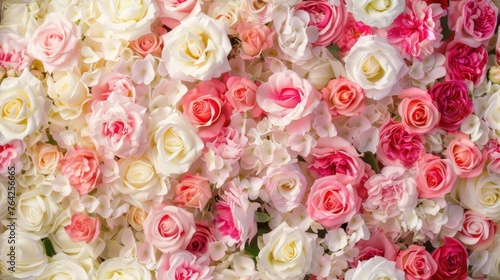 a wall adorned with pink  white  or red roses in tabletop photography style  featuring layered sizes  pure colors  and a seamless background in light yellow and dark pink hues. SEAMLESS PATTERN