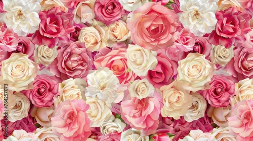 a wall adorned with pink, white, or red roses in tabletop photography style, featuring layered sizes, pure colors, and a seamless background in light yellow and dark pink hues. SEAMLESS PATTERN